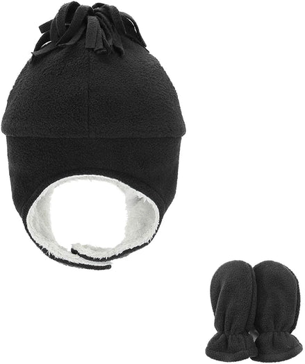Baby Fleece Hat & Mittens Set – Sherpa-Lined Earflap Beanie (Black & Grey)
