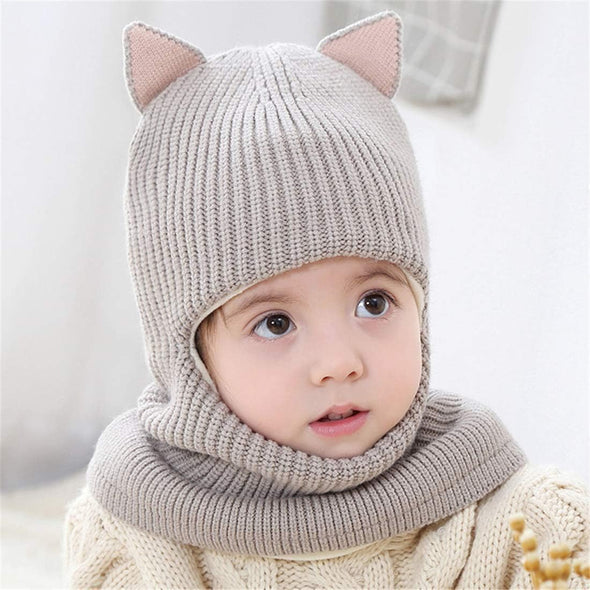 Cat Ear Baby Girls Boys Winter Hat Toddler Knitted Hood Scarf Beanies with Fleece Lining