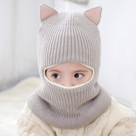 Cat Ear Baby Girls Boys Winter Hat Toddler Knitted Hood Scarf Beanies with Fleece Lining