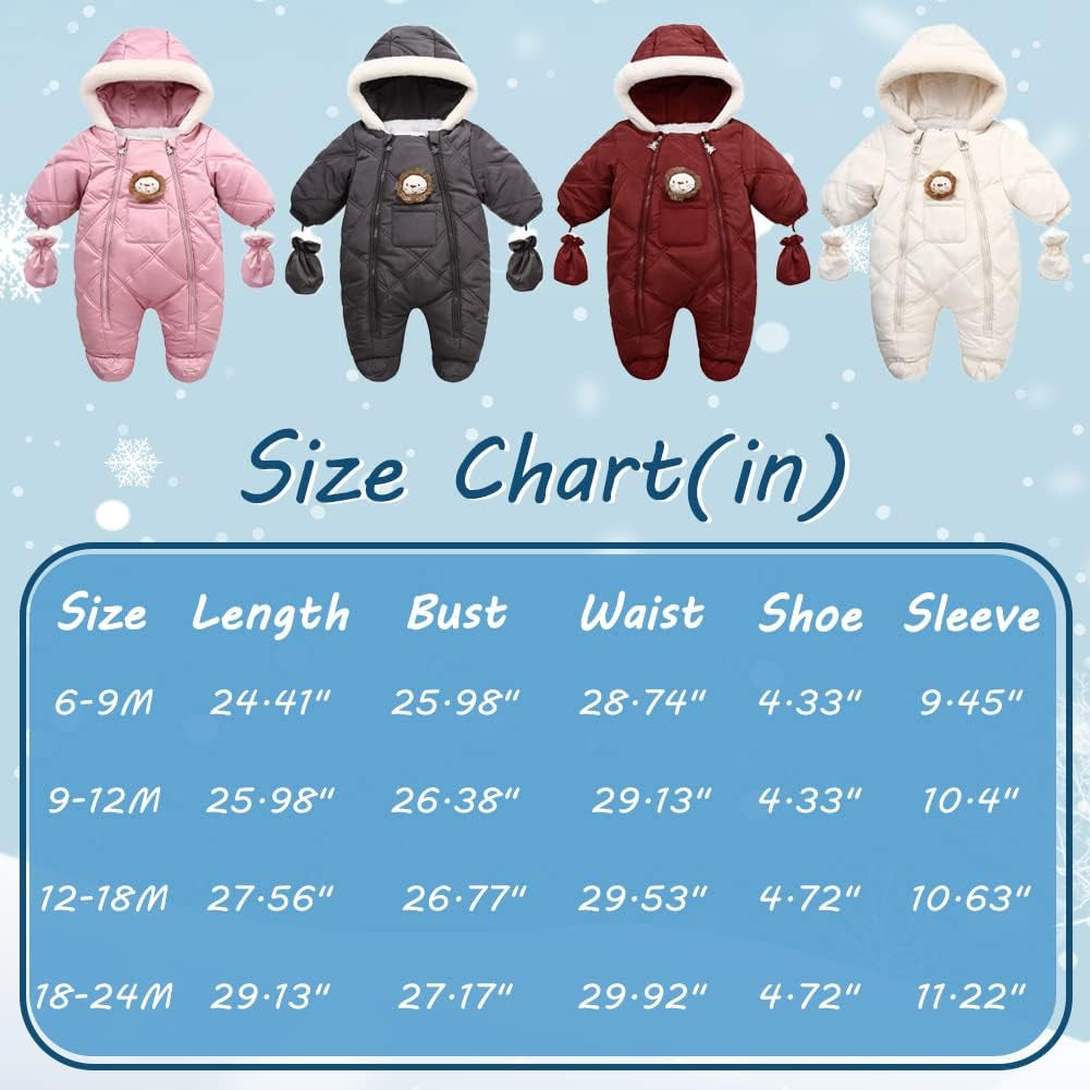 Baby Winter Snowsuit – Quilted Hooded Romper with Mittens & Lion Patch (Pink)