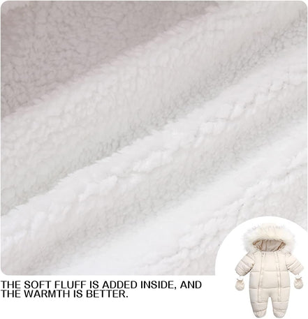 Baby Winter Snowsuit – Faux Fur Hooded Puffer Romper with Mittens (Cream White)