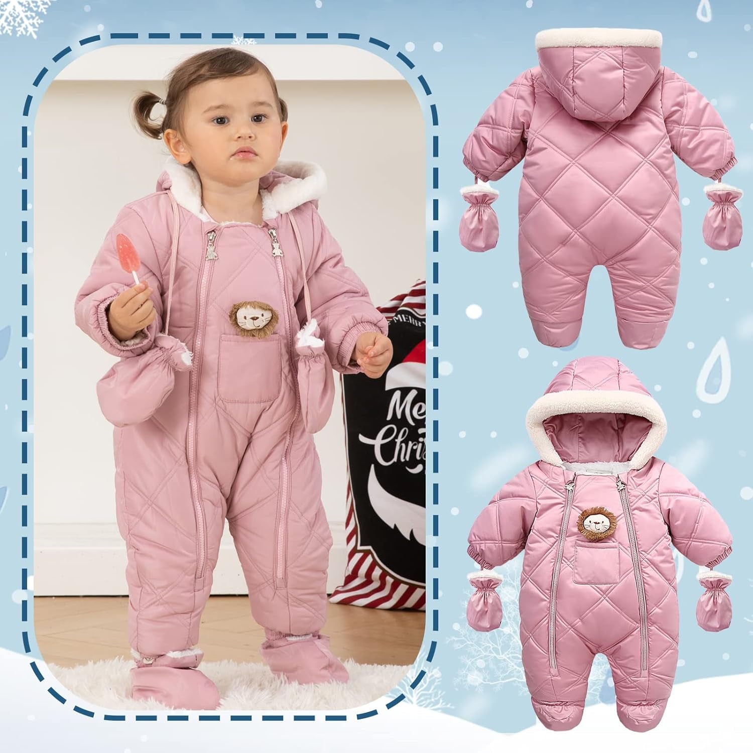 Baby Winter Snowsuit – Quilted Hooded Romper with Mittens & Lion Patch (Pink)
