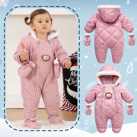 Baby Winter Snowsuit – Quilted Hooded Romper with Mittens & Lion Patch (Pink)