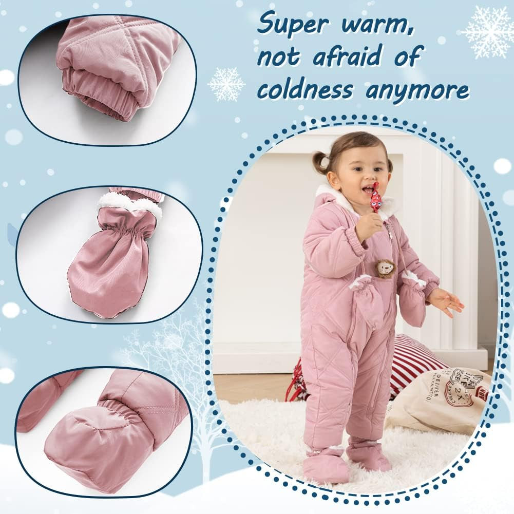 Baby Winter Snowsuit – Quilted Hooded Romper with Mittens & Lion Patch (Pink)