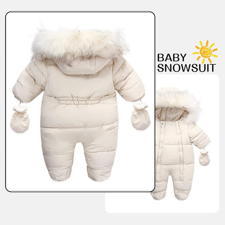 Baby Winter Snowsuit – Faux Fur Hooded Puffer Romper with Mittens (Cream White)
