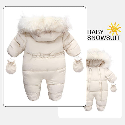 Baby Winter Snowsuit – Faux Fur Hooded Puffer Romper with Mittens (Cream White)