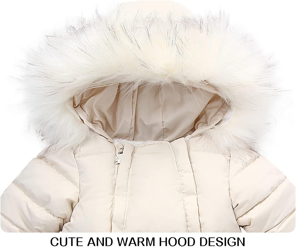 Baby Winter Snowsuit – Faux Fur Hooded Puffer Romper with Mittens (Cream White)