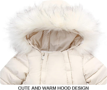 Baby Winter Snowsuit – Faux Fur Hooded Puffer Romper with Mittens (Cream White)