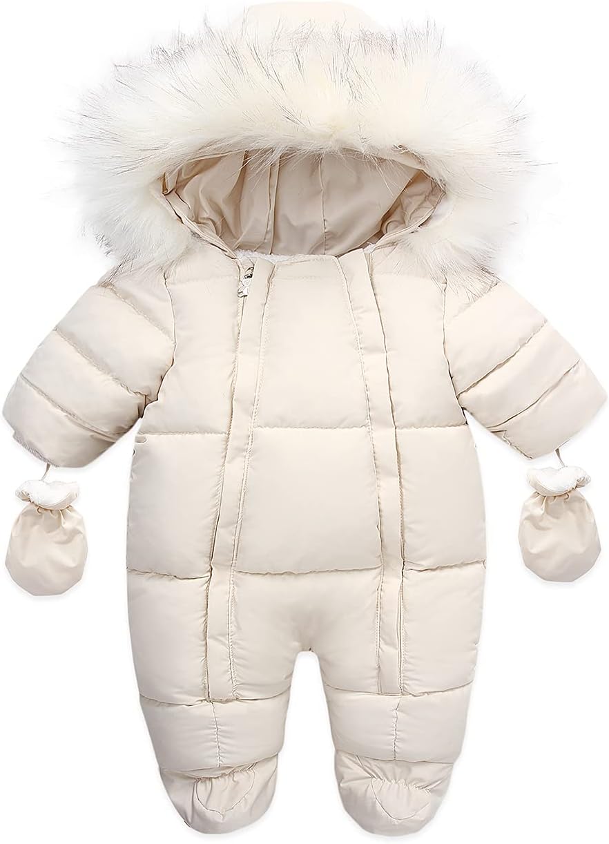 Baby Winter Snowsuit – Faux Fur Hooded Puffer Romper with Mittens (Cream White)