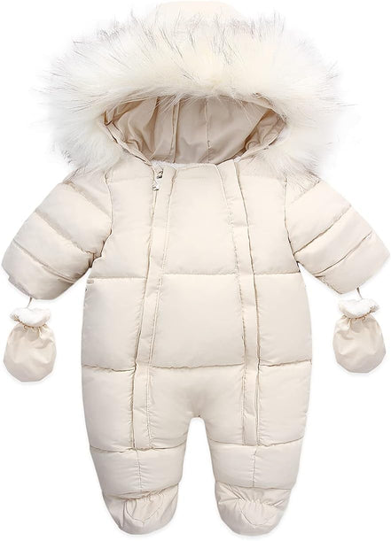 Baby Winter Snowsuit – Faux Fur Hooded Puffer Romper with Mittens (Cream White)