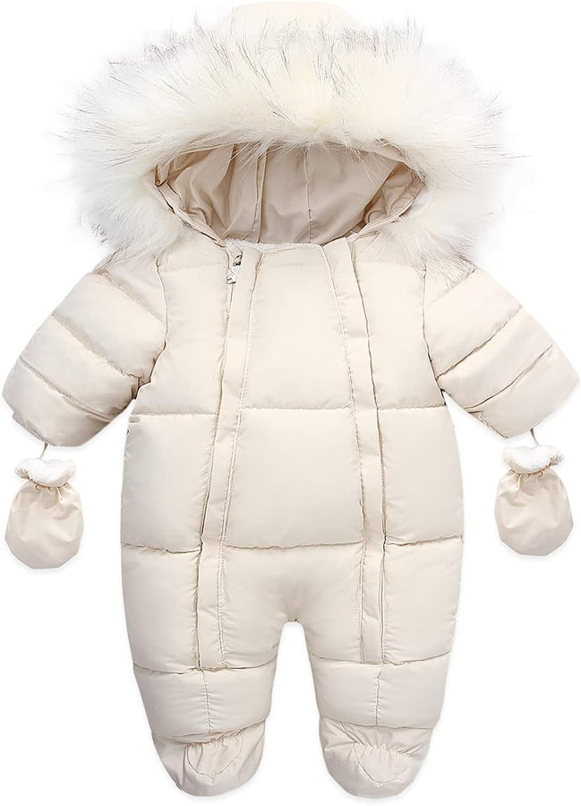Baby Winter Snowsuit – Faux Fur Hooded Puffer Romper with Mittens (Cream White)