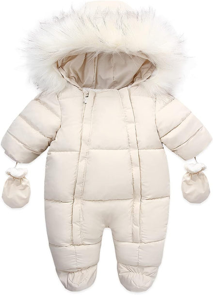 Baby Winter Snowsuit – Faux Fur Hooded Puffer Romper with Mittens (Cream White)