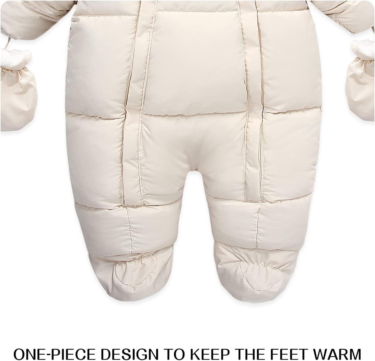 Baby Winter Snowsuit – Faux Fur Hooded Puffer Romper with Mittens (Cream White)