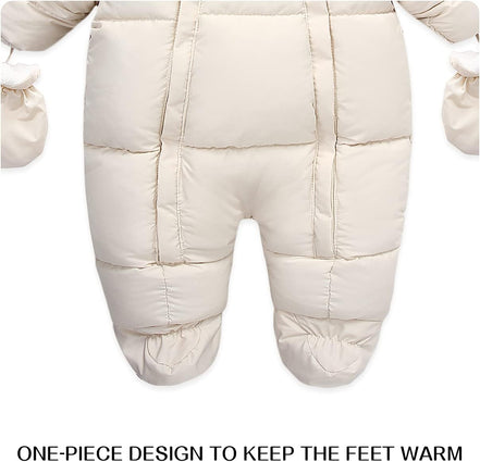 Baby Winter Snowsuit – Faux Fur Hooded Puffer Romper with Mittens (Cream White)