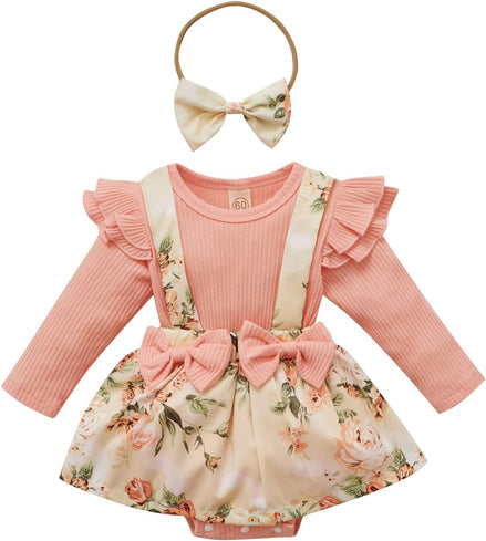 Floral Suspender Baby Romper Set with Headband – Long Sleeve Outfit