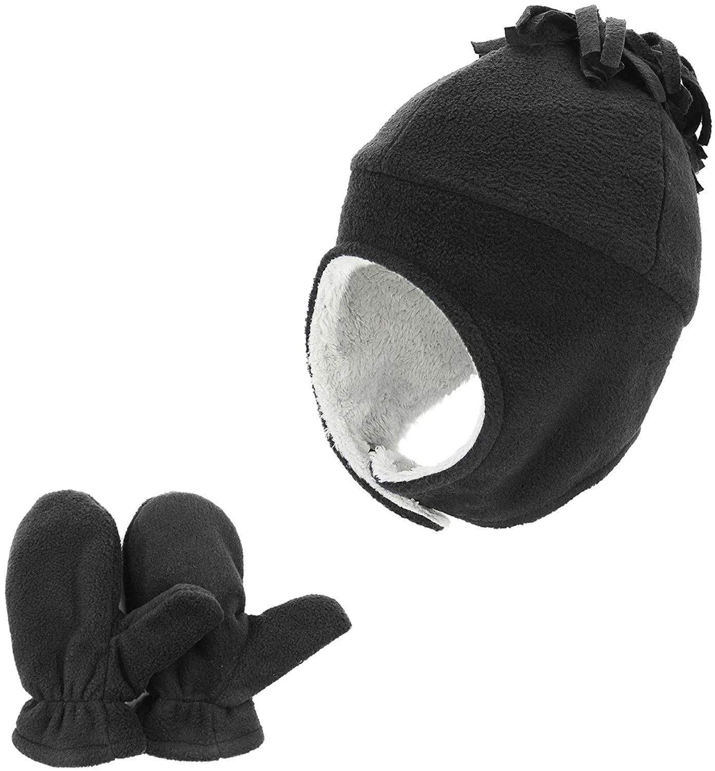 Baby Fleece Hat & Mittens Set – Sherpa-Lined Earflap Beanie (Black & Grey)