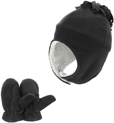 Baby Fleece Hat & Mittens Set – Sherpa-Lined Earflap Beanie (Black & Grey)