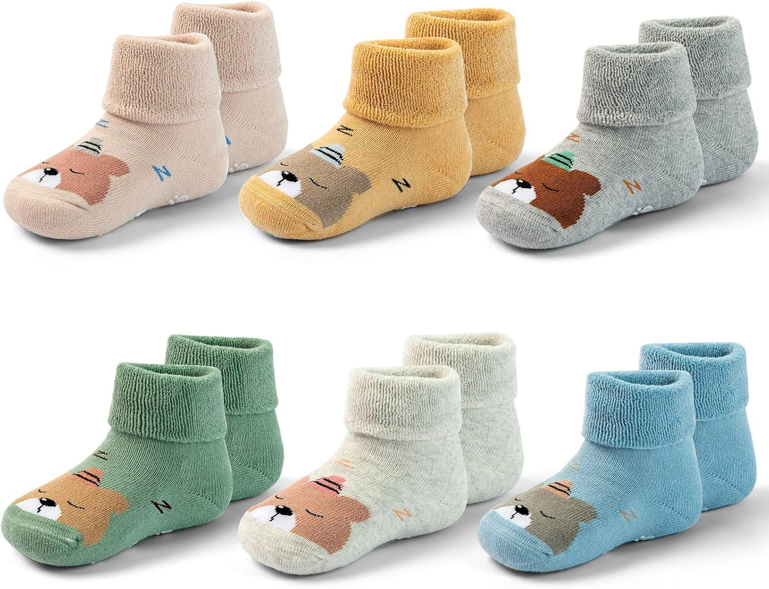 Baby Cotton Socks – 6-Pack Soft Anti-Slip Socks with Bear Design