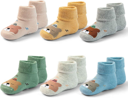 Baby Cotton Socks – 6-Pack Soft Anti-Slip Socks with Bear Design
