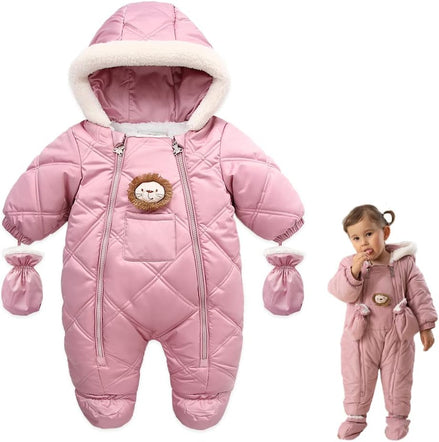 Baby Winter Snowsuit – Quilted Hooded Romper with Mittens & Lion Patch (Pink)
