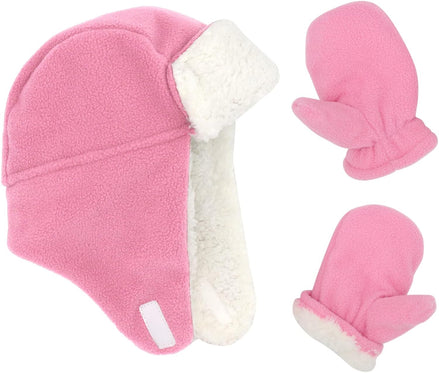 Baby Fleece Hat and Mittens Set – Sherpa-Lined Winter Warmers (Pink)