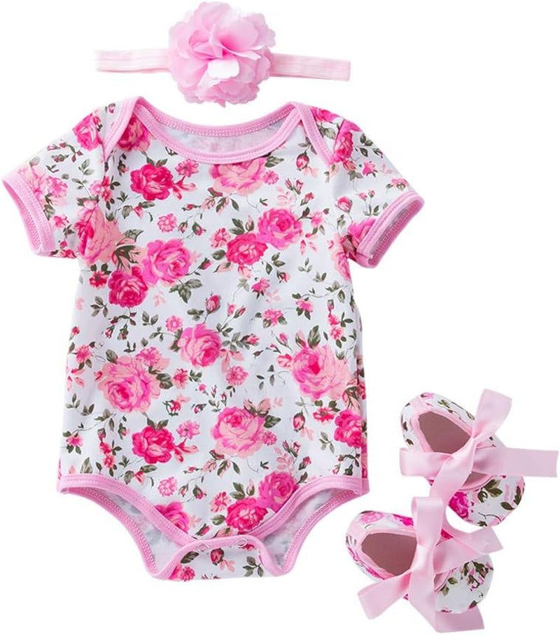 Infant Baby Girls Floral Romper Outfits Summer Short Sleeve Jumpsuit Bodysuit + Flower Headband + Shoes 3Pcs Set 0-3 Months