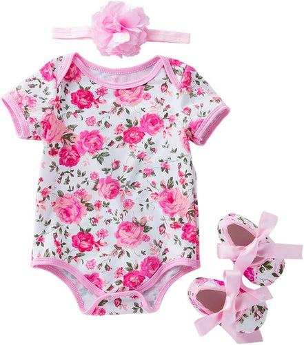 Infant Baby Girls Floral Romper Outfits Summer Short Sleeve Jumpsuit Bodysuit + Flower Headband + Shoes 3Pcs Set 0-3 Months