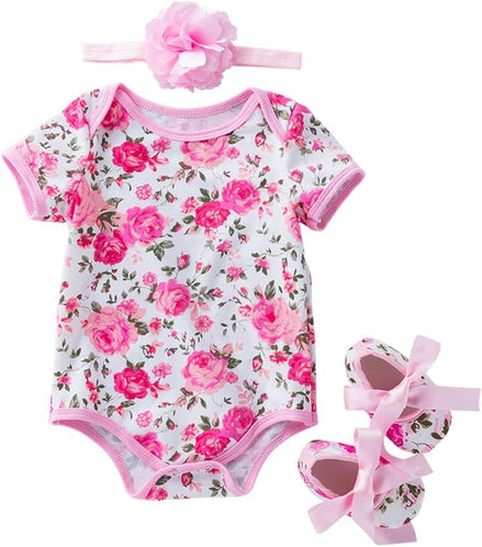 Infant Baby Girls Floral Romper Outfits Summer Short Sleeve Jumpsuit Bodysuit + Flower Headband + Shoes 3Pcs Set 0-3 Months