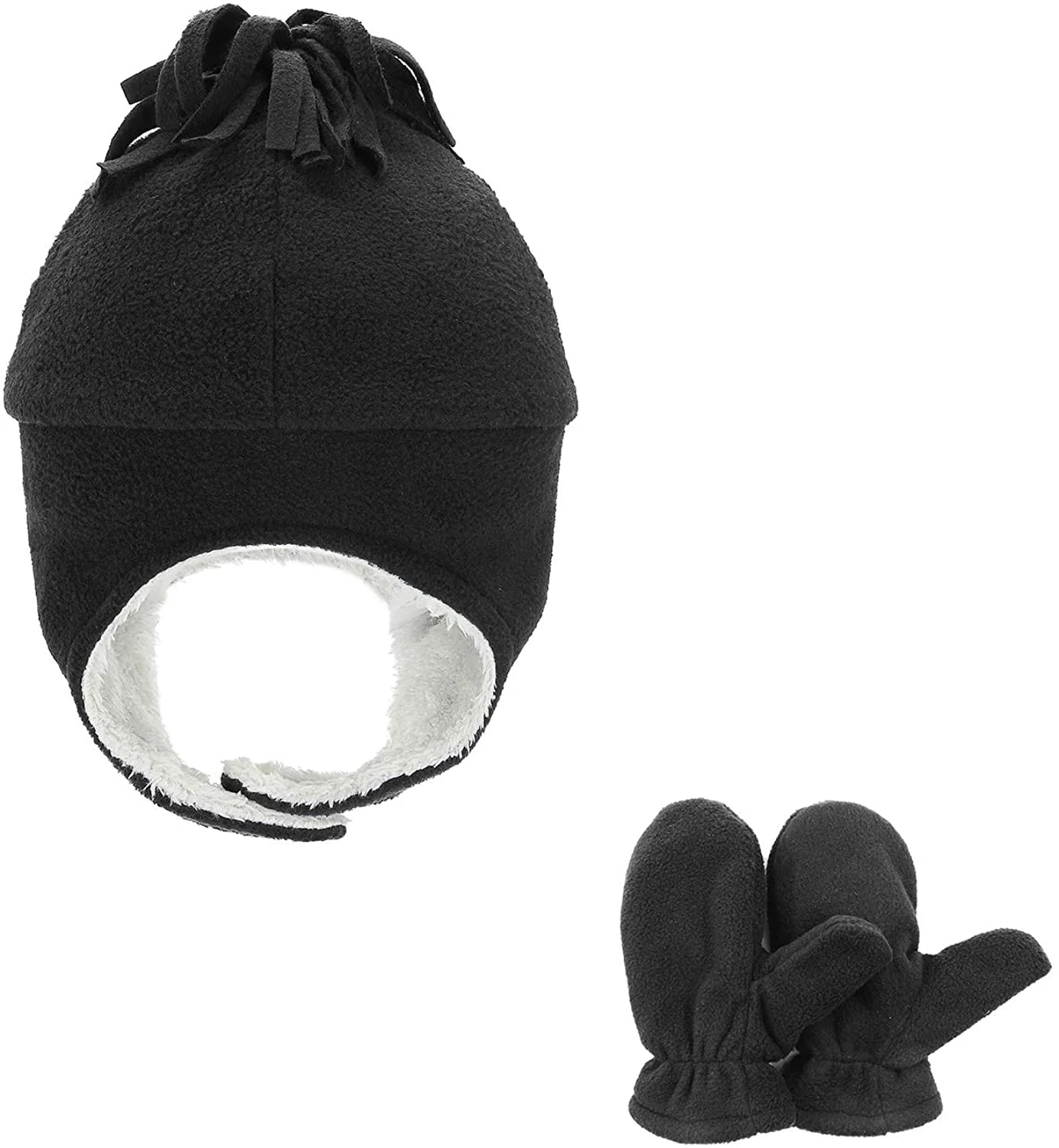 Baby Fleece Hat & Mittens Set – Sherpa-Lined Earflap Beanie (Black & Grey)