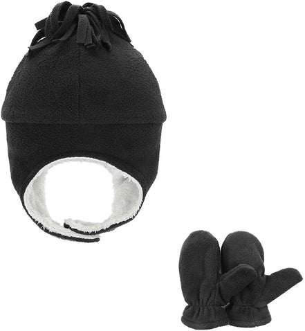 Baby Fleece Hat & Mittens Set – Sherpa-Lined Earflap Beanie (Black & Grey)