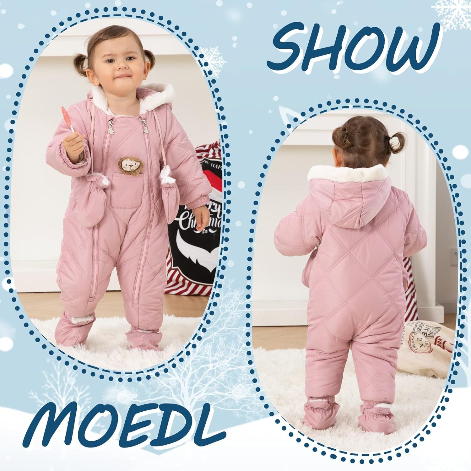 Baby Winter Snowsuit – Quilted Hooded Romper with Mittens & Lion Patch (Pink)