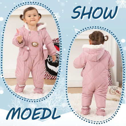 Baby Winter Snowsuit – Quilted Hooded Romper with Mittens & Lion Patch (Pink)
