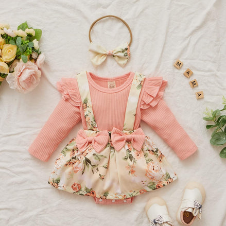 Floral Suspender Baby Romper Set with Headband – Long Sleeve Outfit