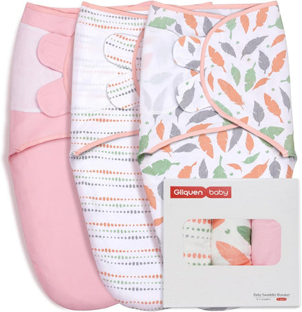Premium Swaddle Blankets for Baby Girls - 3 Pack Adjustable Sleep Sack Set in Orange Pink Feather & Wave Point, Suitable for Newborns 0-3 Months (Small/Medium)
