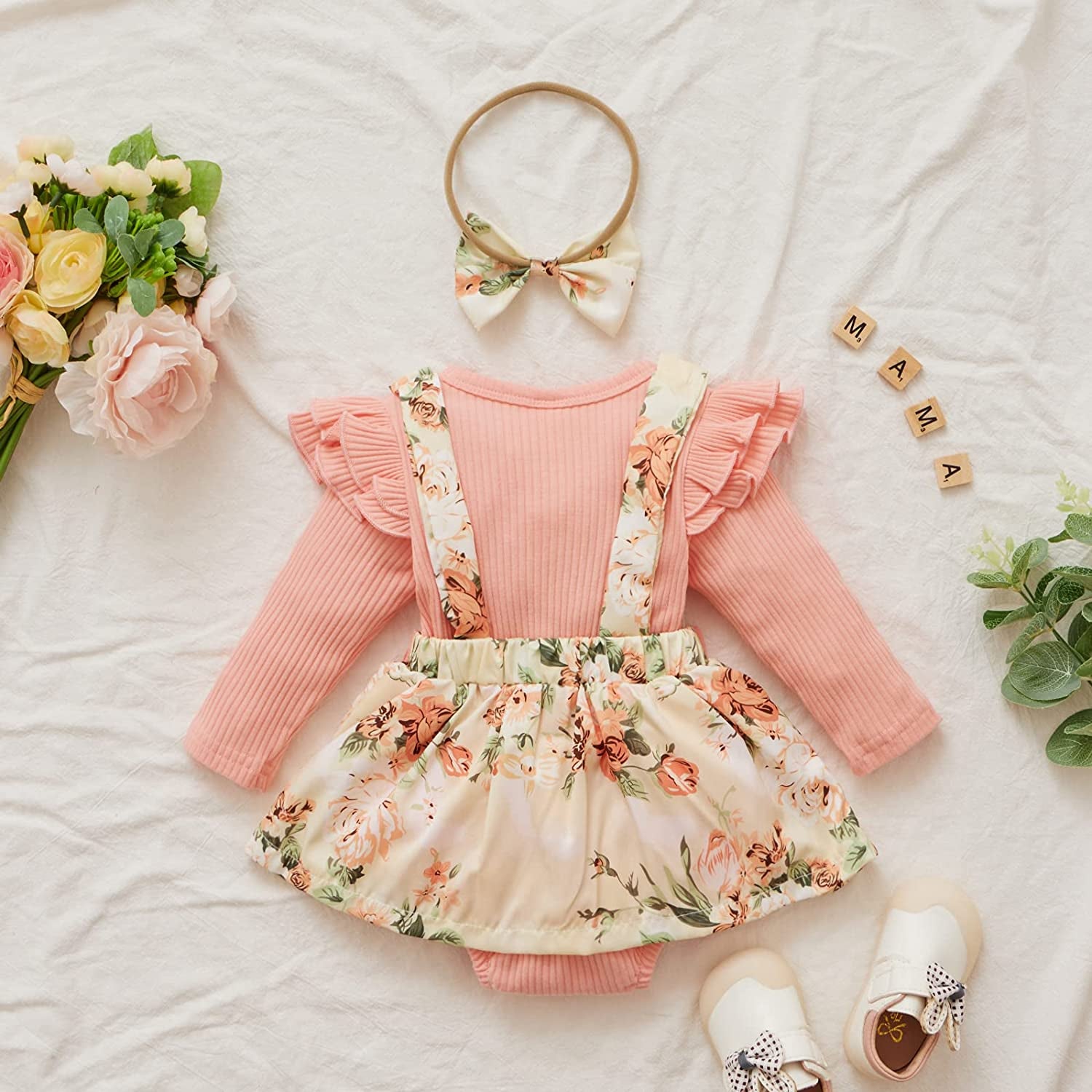 Floral Suspender Baby Romper Set with Headband – Long Sleeve Outfit
