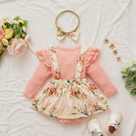 Floral Suspender Baby Romper Set with Headband – Long Sleeve Outfit