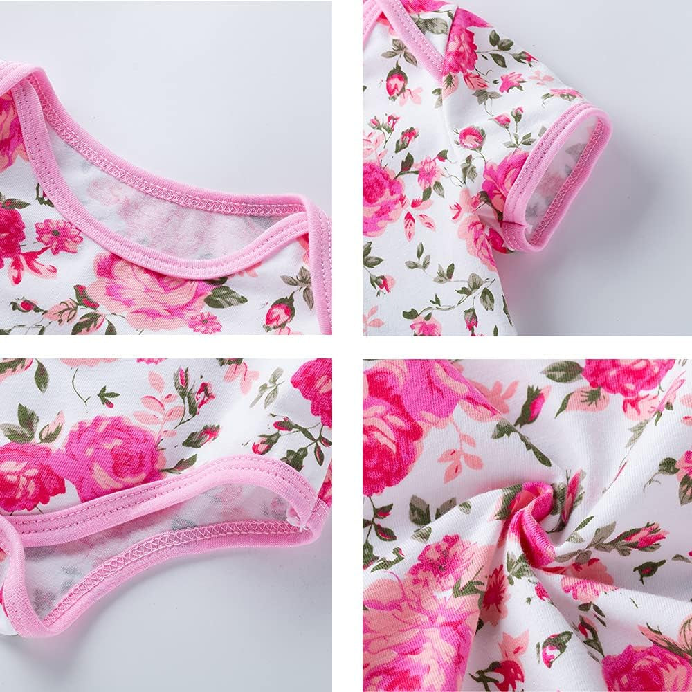 Infant Baby Girls Floral Romper Outfits Summer Short Sleeve Jumpsuit Bodysuit + Flower Headband + Shoes 3Pcs Set 0-3 Months
