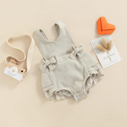 Newborn Baby Girl Corduroy Romper Summer Ruffle Sleeveless Backless Jumpsuit Bodysuit One Piece Outfit (Corduroy Romper Beige, 0-3 Months)