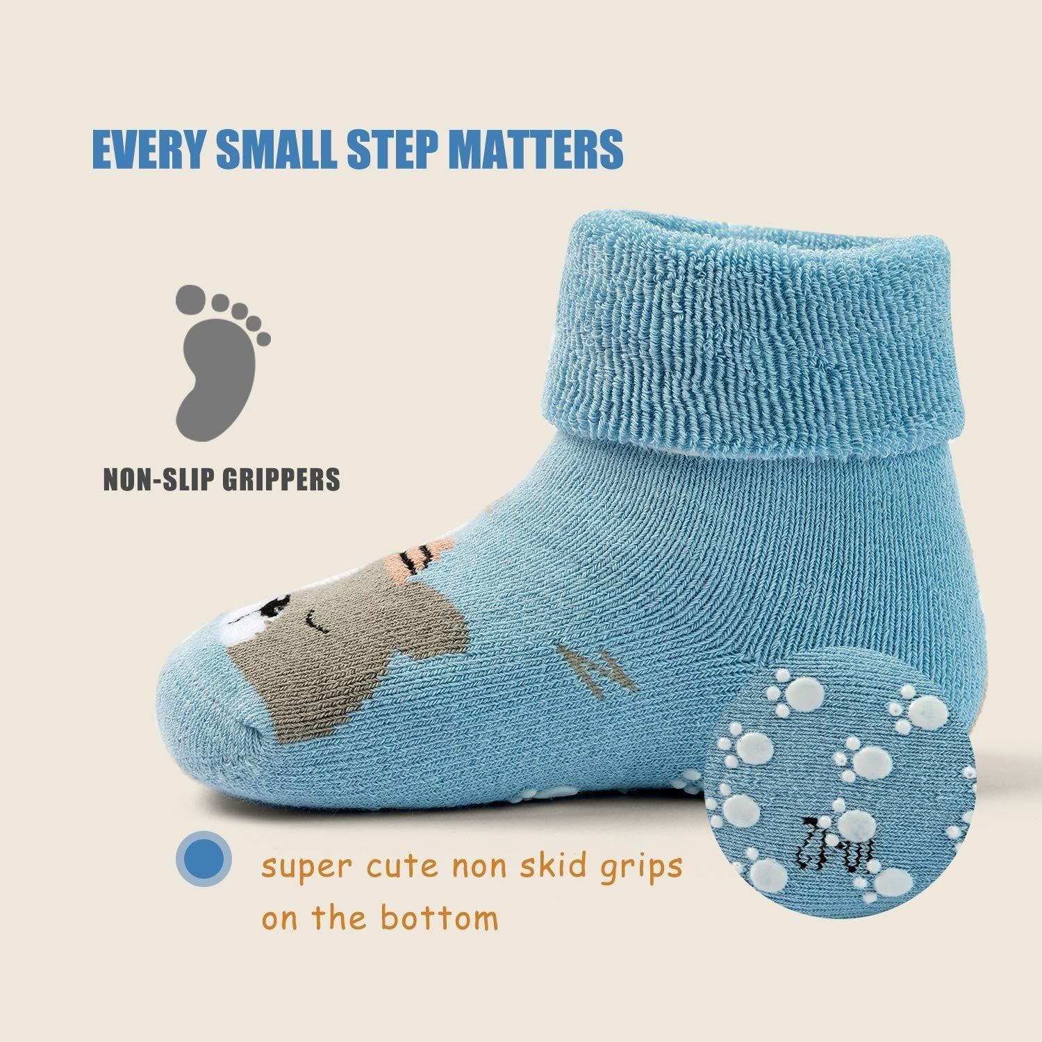 Baby Cotton Socks – 6-Pack Soft Anti-Slip Socks with Bear Design