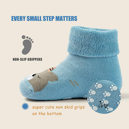 Baby Cotton Socks – 6-Pack Soft Anti-Slip Socks with Bear Design