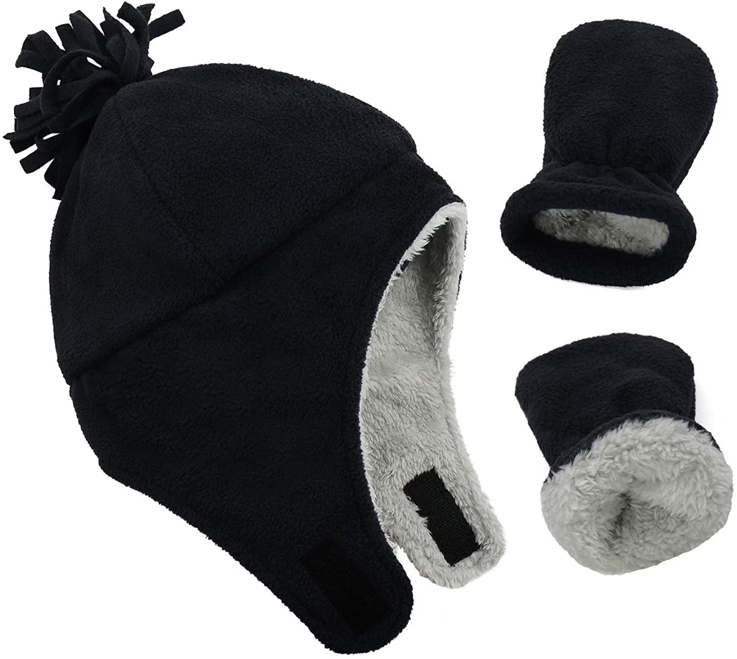 Baby Fleece Hat & Mittens Set – Sherpa-Lined Earflap Beanie (Black & Grey)
