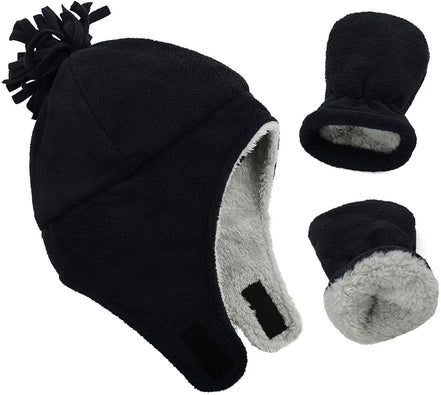 Baby Fleece Hat & Mittens Set – Sherpa-Lined Earflap Beanie (Black & Grey)