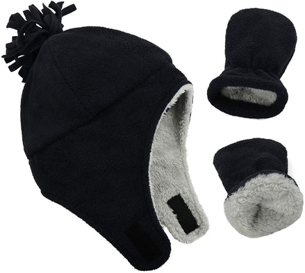 Baby Fleece Hat & Mittens Set – Sherpa-Lined Earflap Beanie (Black & Grey)