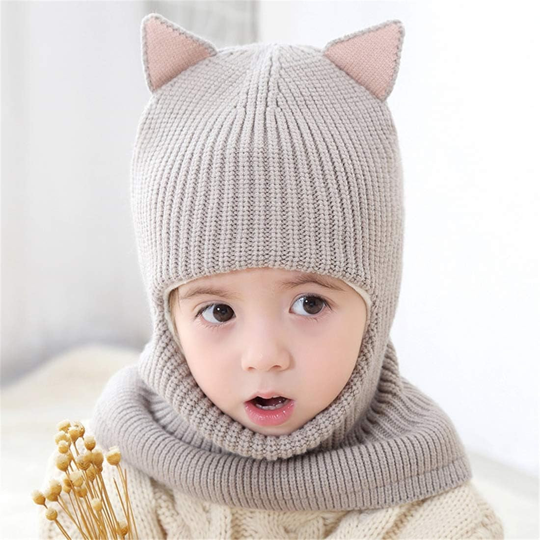 Cat Ear Baby Girls Boys Winter Hat Toddler Knitted Hood Scarf Beanies with Fleece Lining