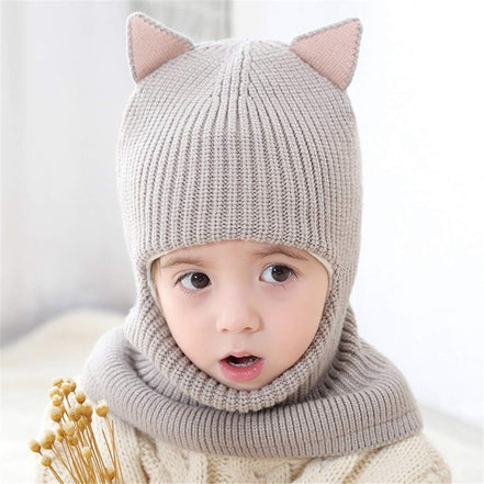 Cat Ear Baby Girls Boys Winter Hat Toddler Knitted Hood Scarf Beanies with Fleece Lining