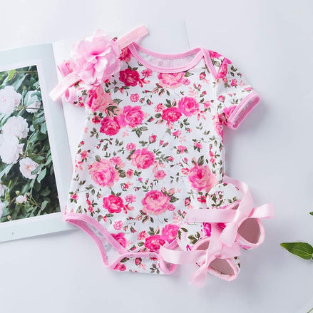 Infant Baby Girls Floral Romper Outfits Summer Short Sleeve Jumpsuit Bodysuit + Flower Headband + Shoes 3Pcs Set 0-3 Months