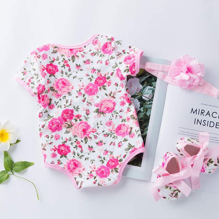 Infant Baby Girls Floral Romper Outfits Summer Short Sleeve Jumpsuit Bodysuit + Flower Headband + Shoes 3Pcs Set 0-3 Months
