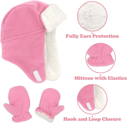 Baby Fleece Hat and Mittens Set – Sherpa-Lined Winter Warmers (Pink)