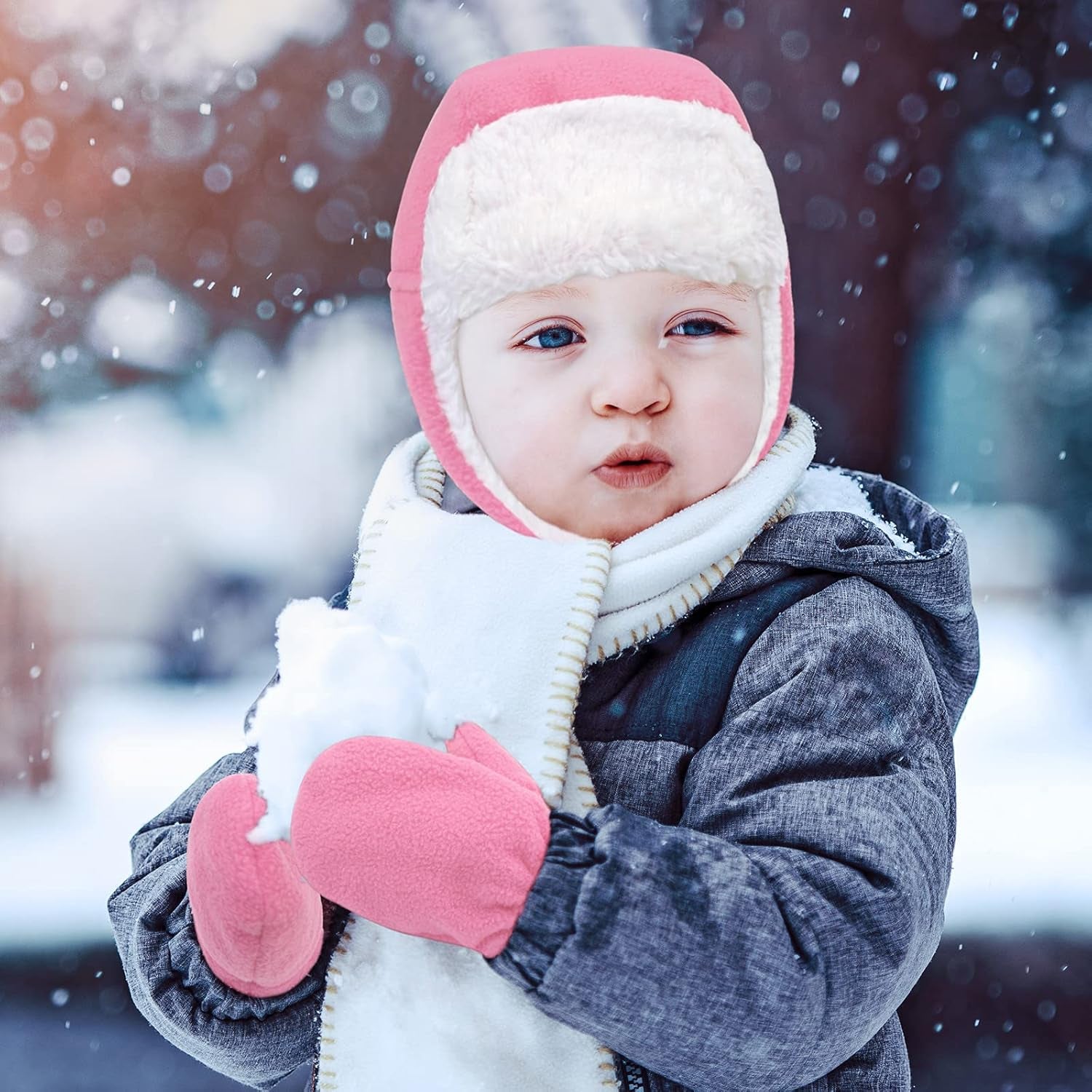 Baby Fleece Hat and Mittens Set – Sherpa-Lined Winter Warmers (Pink)