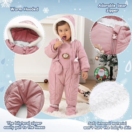 Baby Winter Snowsuit – Quilted Hooded Romper with Mittens & Lion Patch (Pink)